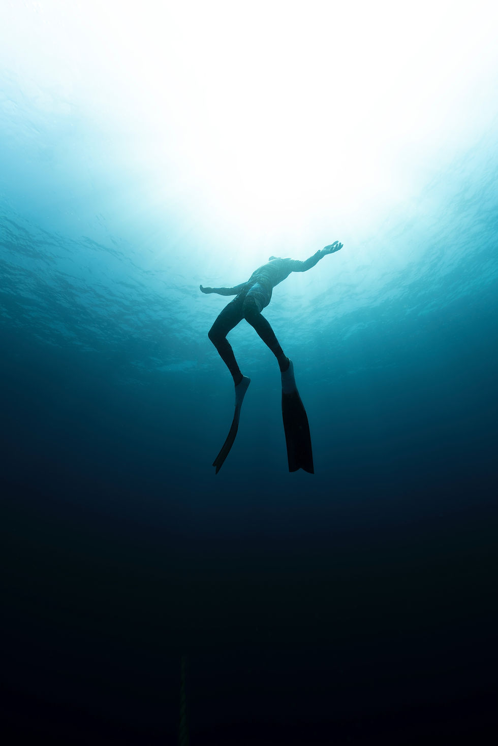 A freediver floats upward in clear blue water, silhouetted against bright sunlight above, evoking a sense of freedom and tranquility - Plunge Waterwear Dive suit Diveskin dive skin UPF 50+