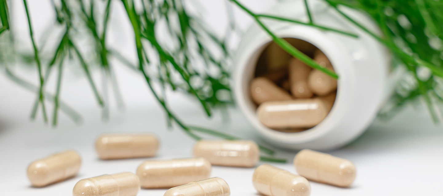 Pot of key supplements spilling out over the table with plant in the background