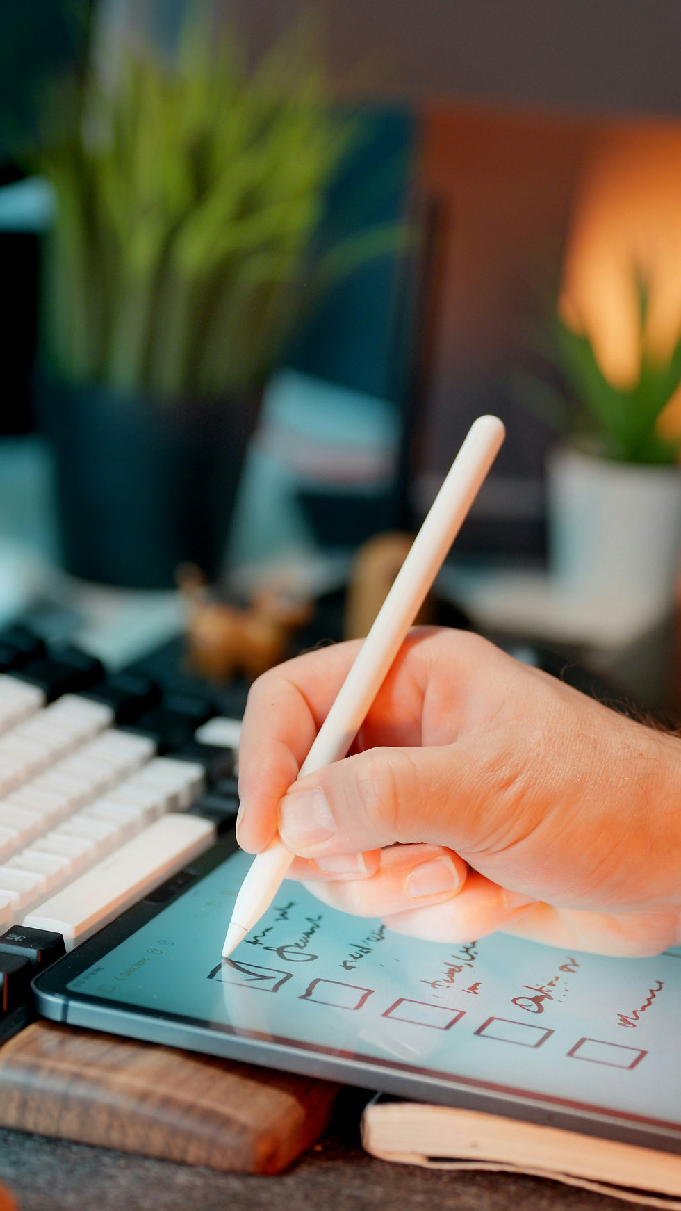 Hand holding a stylus and checking boxes on a tablet next to a keyboard, representing a post-setup Microsoft 365 checklist for small businesses.