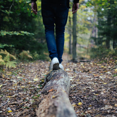 Person walking on a fallen tree in a forest, surrounded by green foliage and fallen leaves. Wearing jeans and white shoes, showing peaceful mood.