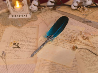 A blue feathered quill lies on top of a paper pile, surrounded by dried flowers.