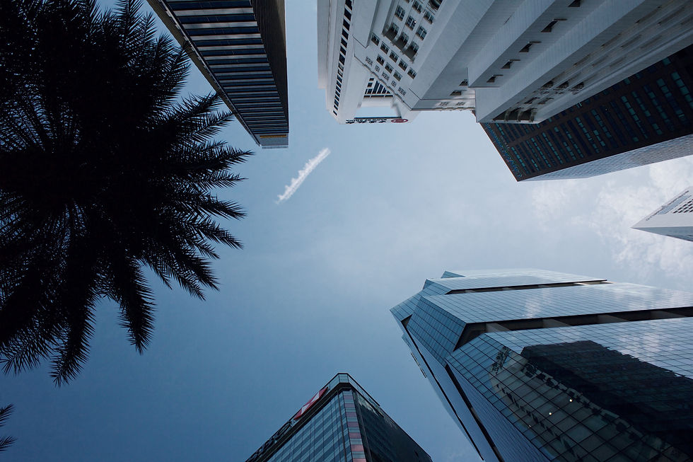 Skyscrapers and a palm tree silhouette against a clear blue sky with a white cloud. Reflective glass, modern urban vibe.