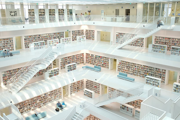 Multi-story library with staircases. Image by Niklas Ohlrogge