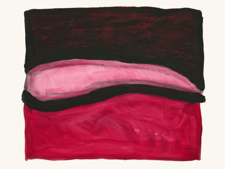 Image of a painting with a dark black/pink at the top down, a strip of light pink in the middle, and a more reddish toned pink at the bottom