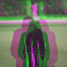 A distorted neon image of a woman facing down.