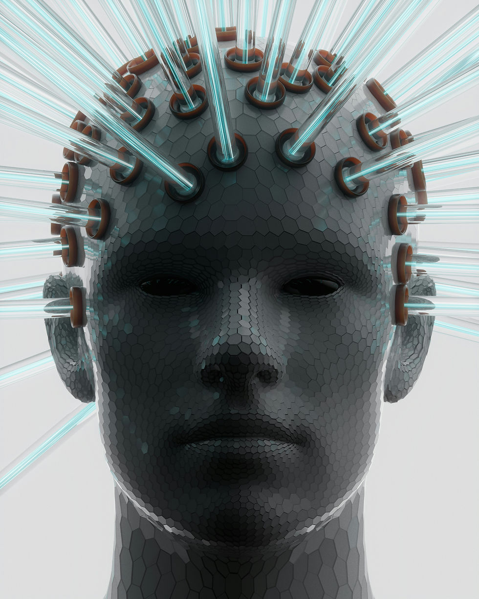 Human head with blue lights coming out of head