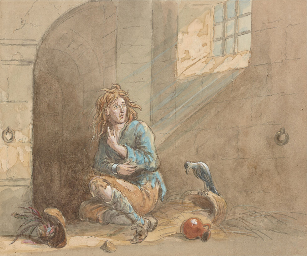 Person in tattered clothes sits in a dim cell with light streaming from barred window. A fallen hat and jug are nearby. Mood is somber.