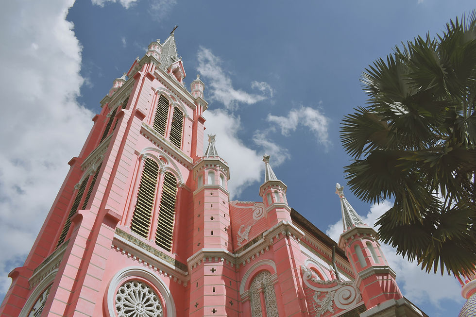 Pink Gothic church with tall spires under a clear blue sky, framed by palm trees. Bright, sunny day enhances vibrant colors.