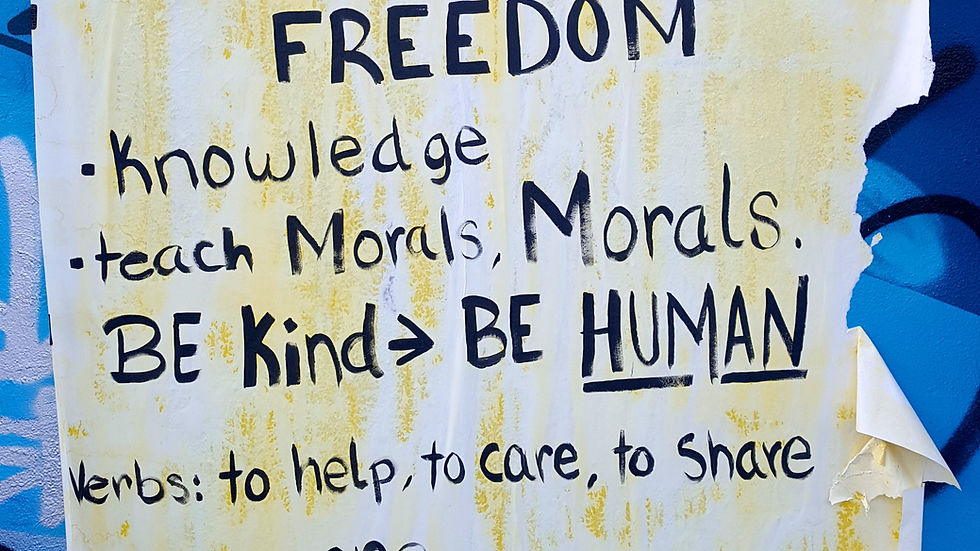 This photo features black text on a honey mustard and white background, highlighting strategies for individuals to practice kindness and equality.