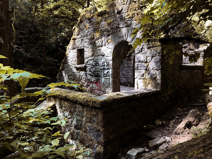 An old, abandoned stone building in the woods.