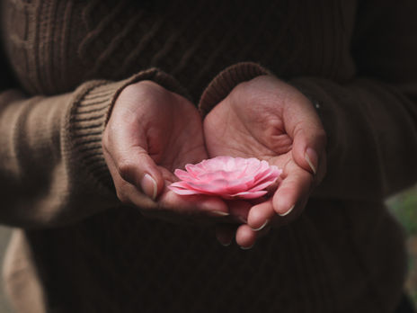 Two hands gently cradle a pink flower, symbolizing care, attention, and appreciation for what we value.