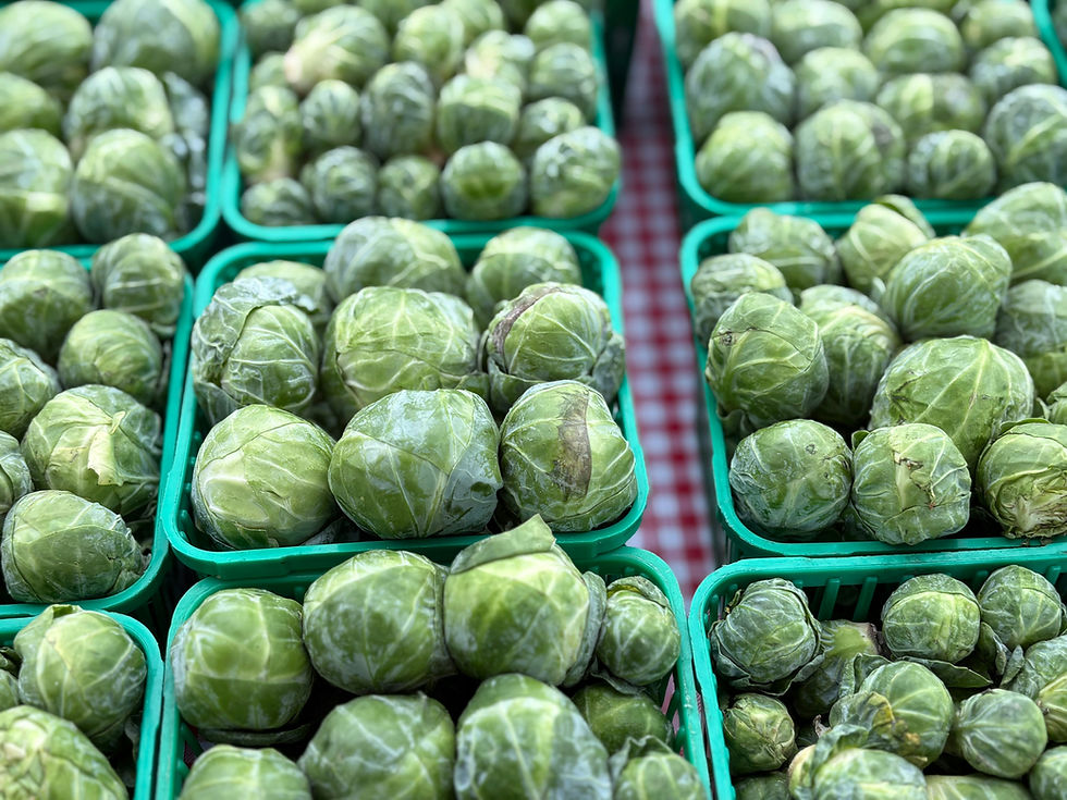 Green Brussels sprouts piled in teal crates on a red checkered market table