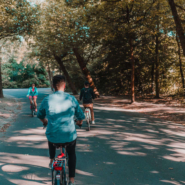 three people biking on the Paul Bunyan Trail shady trees are overhead