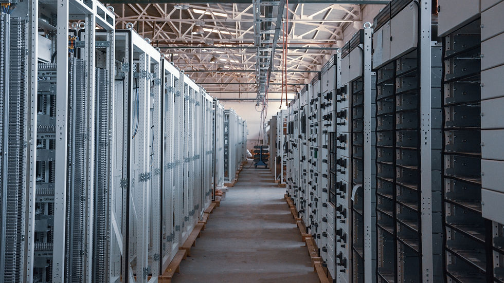 Eye-level view of a modern data center with advanced cooling systems.