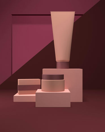 Skincare cream jar and tube on minimalist blocks.
