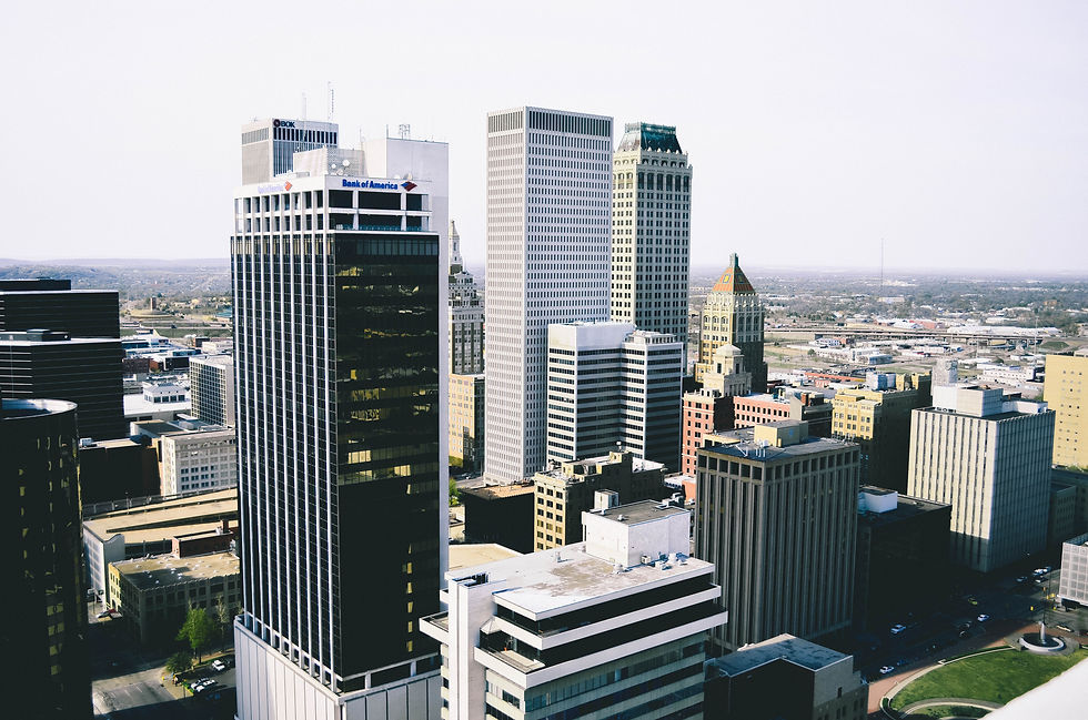 Downtown cityscape from perspective of high floor office building vantage point