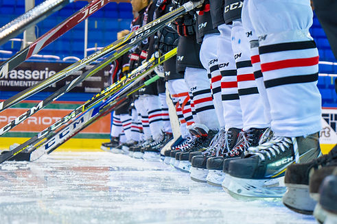 Hockey players lined up on the ice with sticks