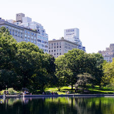 View of Central Park lake with lush green trees, calm water reflections, and Upper East Side residential towers rising in the background on a bright summer day in Manhattan.