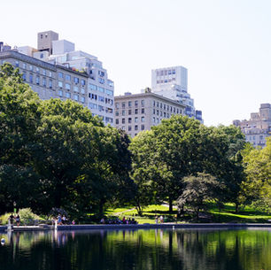 View of Central Park lake with lush green trees, calm water reflections, and Upper East Side residential towers rising in the background on a bright summer day in Manhattan.