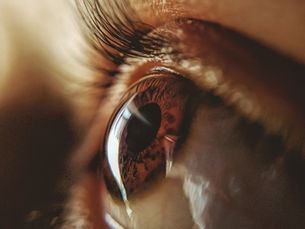Close-up of a richly detailed brown eye, highlighting the intricate patterns of the iris and the reflection of light on the surface.
