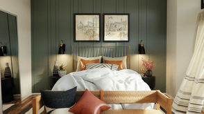 Cozy bedroom scene with a glowing lamp on a wooden table, beside a white pillow. Large window reveals trees, creating a serene vibe.