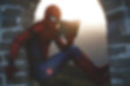 Spider Man sitting on a brick window ledge reading a book