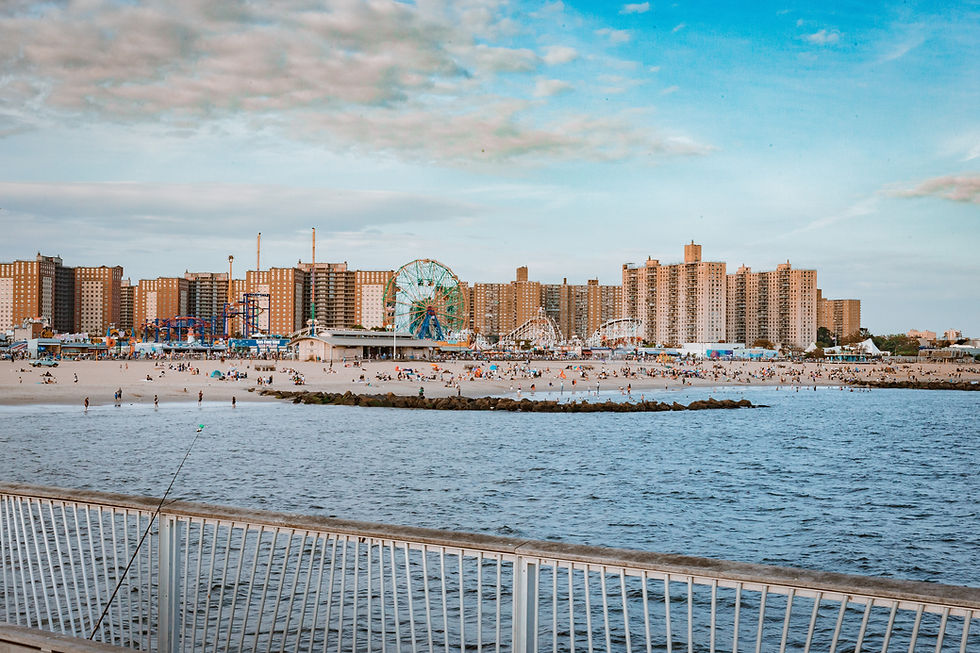 Coney Island across the water with people, ferris wheel, roller coaster, and buildings in sight