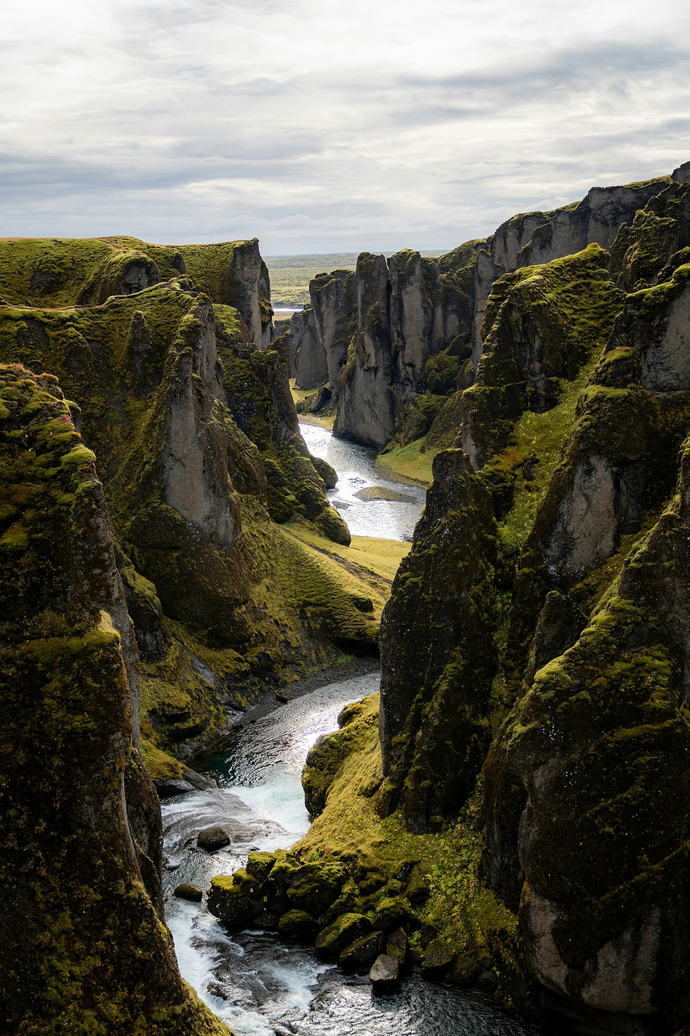 Moss-covered canyon cliffs frame a winding river under a cloudy sky, creating a dramatic, remote landscape.