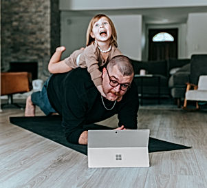 Hectic overweight family man exercising