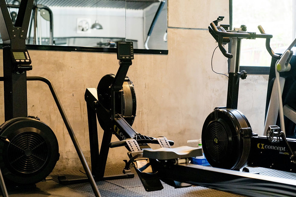 Rowing machines and exercise bikes in a bright gym, with Concept2 equipment and a calm, empty workout space.