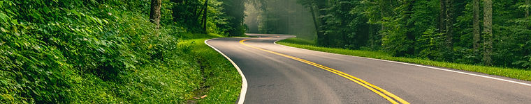 Curving two-lane road through woods representing travel across Pike County, Alabama