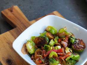Hard Cider Steamed Brussels Sprouts with Bacon and Onions
