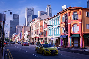 Colorful shophouses on a street in Chinatown, Singapore