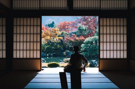 Person sitting in a traditional Japanese room, gazing at vibrant autumn foliage through open sliding doors. Serene and contemplative mood.