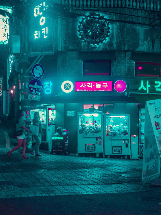 A moody, cyberpunk-style night scene of a neon-lit street in Seoul, lined with glowing signs and small shops.