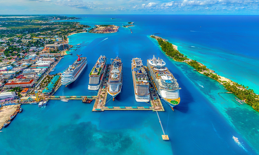 Cruise ships docked at port, sunny day