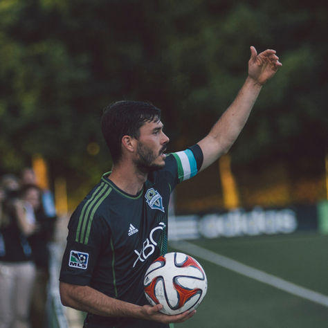 Male footballer preparing to take a thrown in mid-match