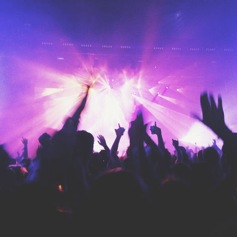 Concert crowd with hands raised, vibrant pink and purple stage lights, energetic atmosphere.