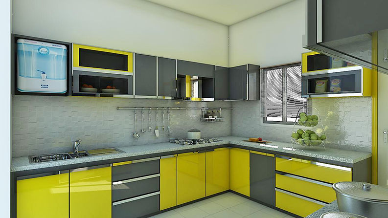 L shape kitchen in yellow and grey color