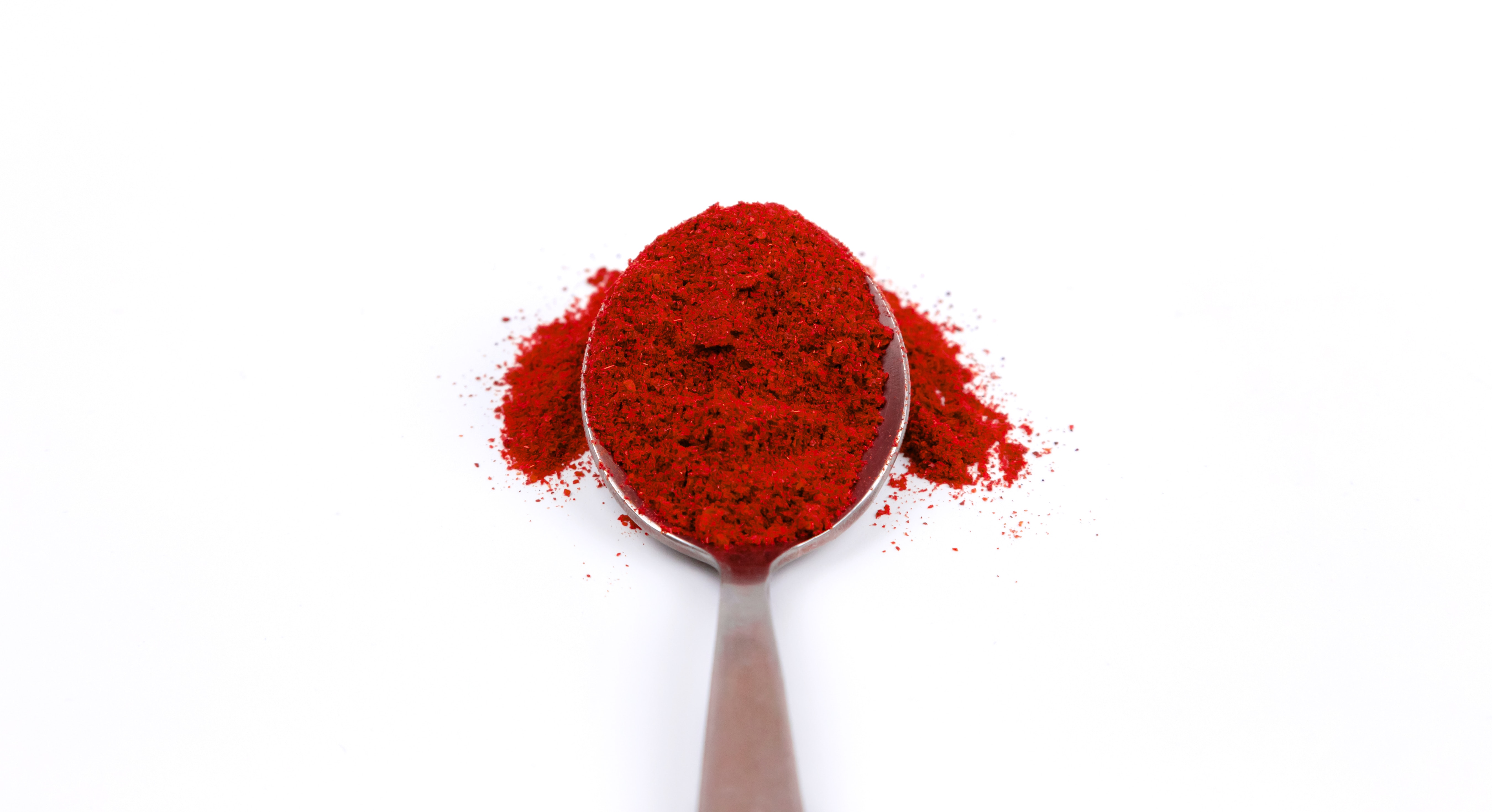 Silver spoon filled with bright red paprika powder on a white background. Specks of spice are scattered around, creating a vivid contrast.