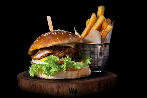 Close up of a luxury burger and fries