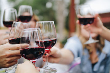 A group of friends toasting with red wine glasses at an outdoor gathering, closeup shot focusing on the elegant glass and hands holding it, soft natural lighting creating a warm atmosphere.