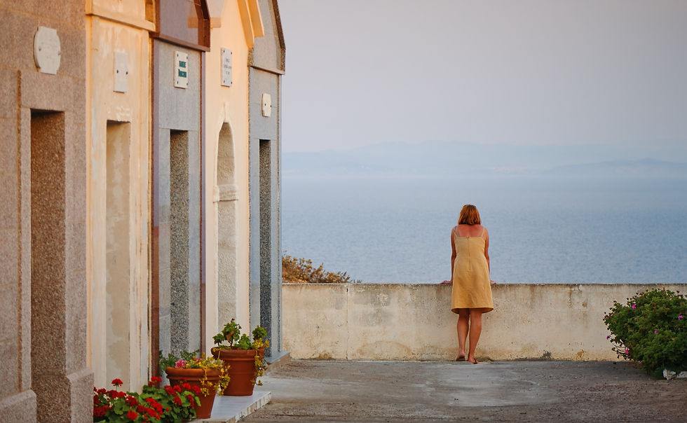 Woman in yellow dress leans on a seaside wall, gazing at the ocean. Colorful potted flowers line the adjacent stone building. Calm mood.