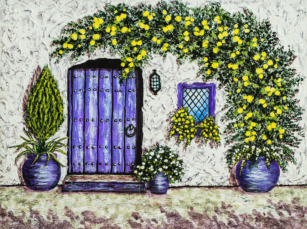 Vibrant painting of a traditional stone house in Ein Hod Artists' Village with a bright purple wooden door, yellow flowers, and lush green vines on Mount Carmel Israel.