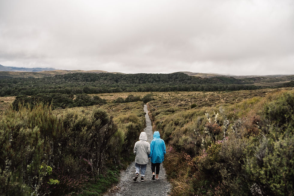 Two people walking through a New Zealand landscape in the rain wearing anoraks.