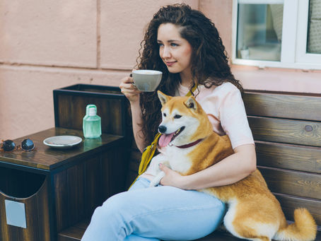 woman holding a coffee cup while her dog lies across her lap