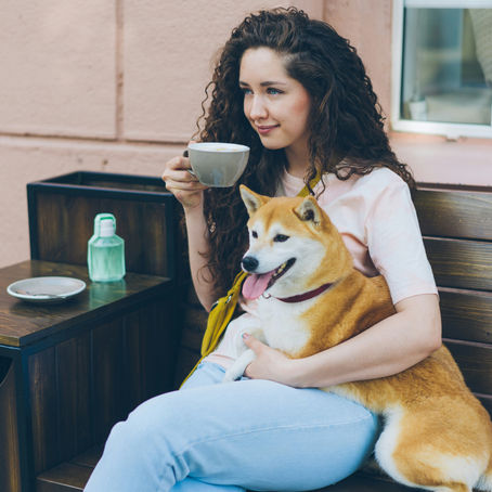 woman holding a coffee cup while her dog lies across her lap