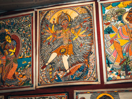 Colorful and intricate paintings depicting Hindu deities drawn on Nepali traditional Paper in Kathmandu.