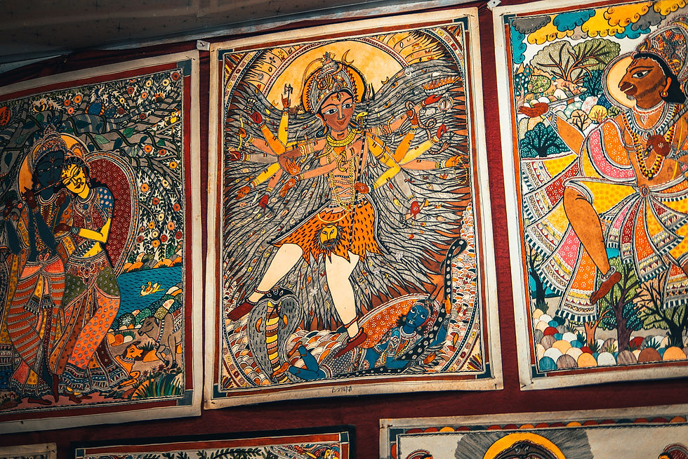 Colorful and intricate paintings depicting Hindu deities drawn on Nepali traditional Paper in Kathmandu.