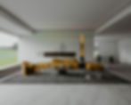 Modern living room with mustard sofa, armchair, and black table on striped rug. Large windows show greenery. Minimalist decor, bright lighting.